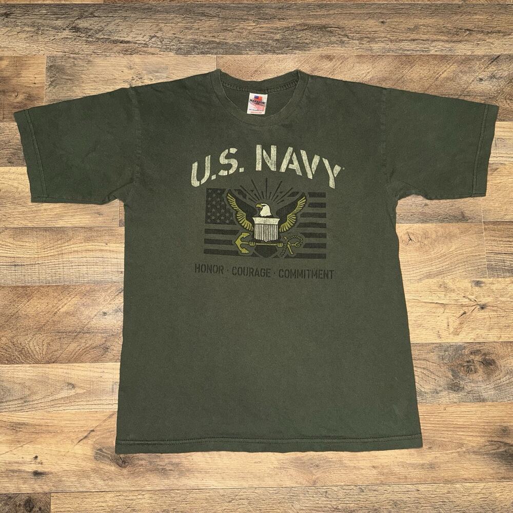VTG‎ Bayside U.S. Navy T-Shirt Honor Courage Commitment Green Sz M Made In USA